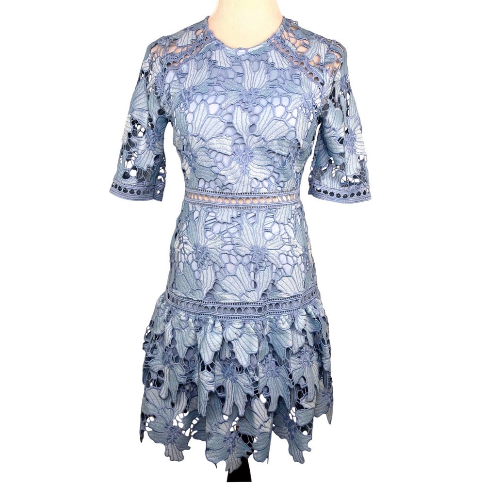 Just Me Light Blue Floral Guipure Lace Tiered Mini Dress JMD10750 Small
